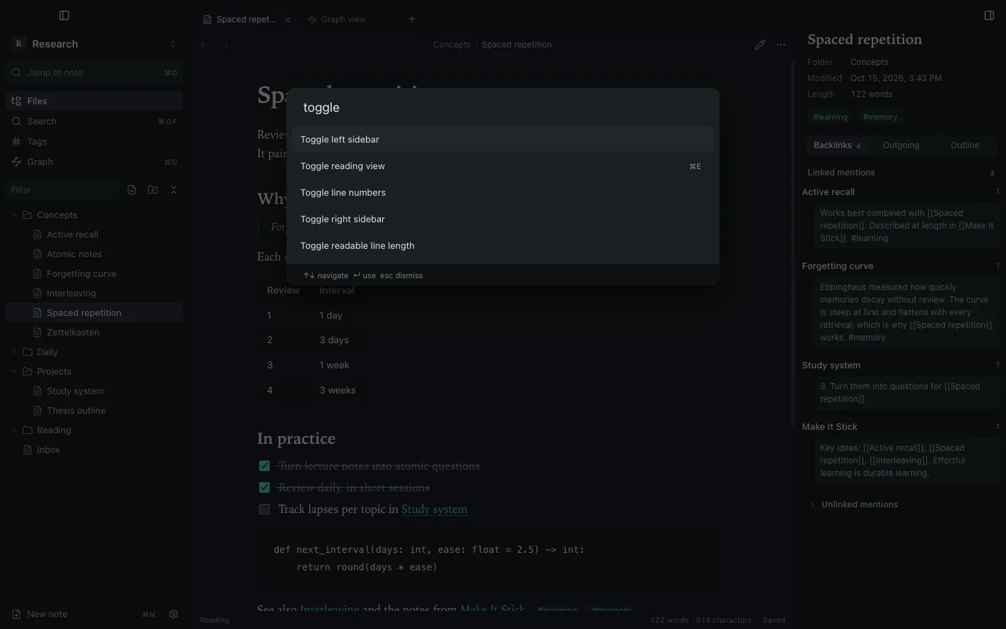 Command palette listing actions with their shortcuts