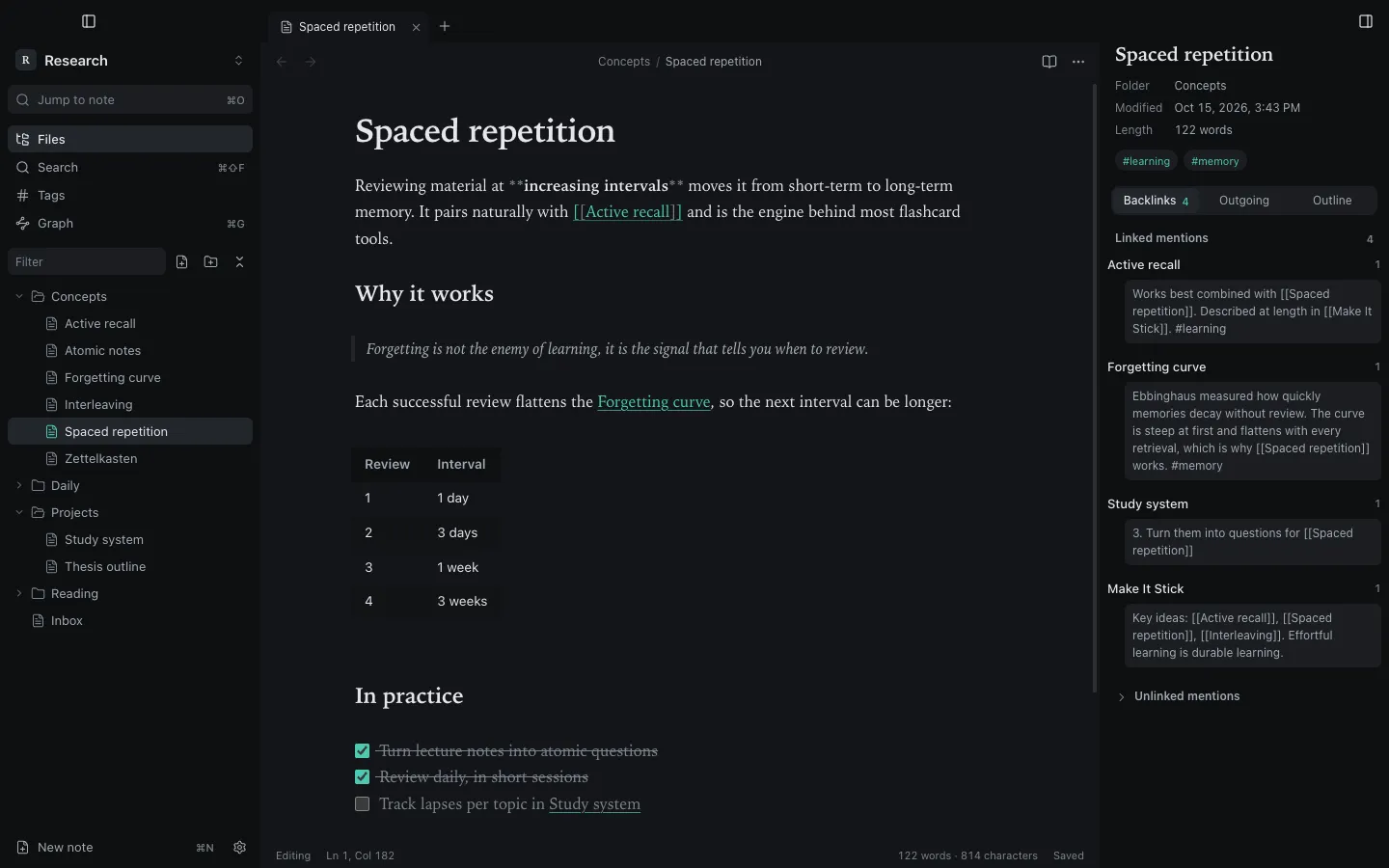 A note called Spaced repetition open in Synapse: the file navigator on the left, the note with wiki links in the middle, and its backlinks on the right