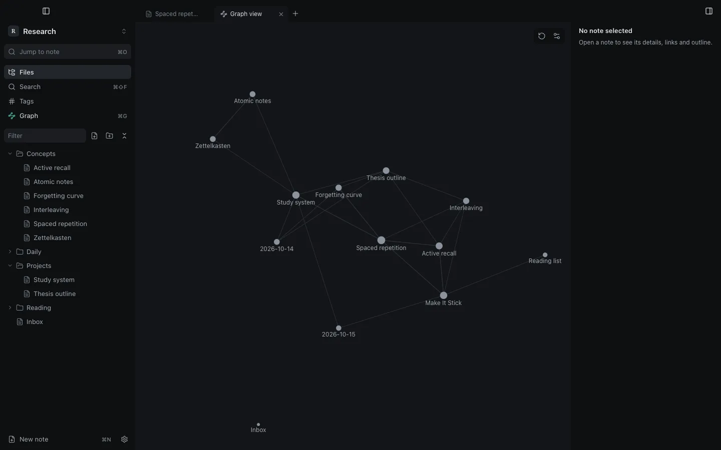Graph view of a vault with notes as nodes connected by their links