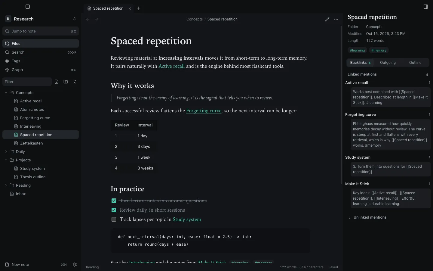 Reading view showing rendered Markdown with links, tags and task checkboxes