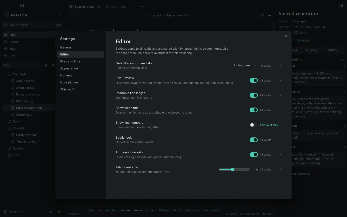 Synapse settings, where each preference has a scope menu for all vaults or this vault only