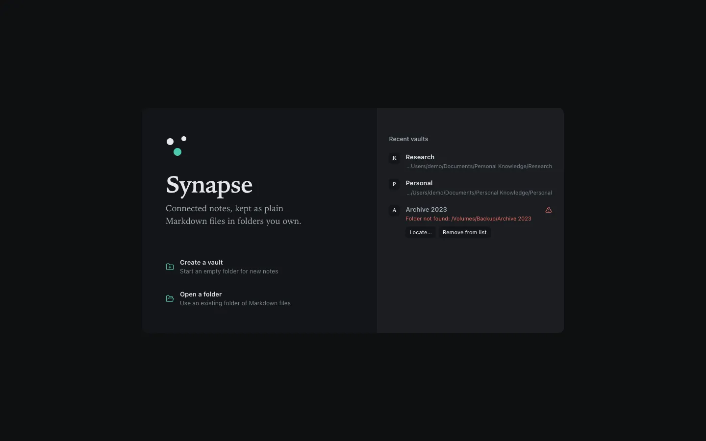 The starter screen with recent vaults